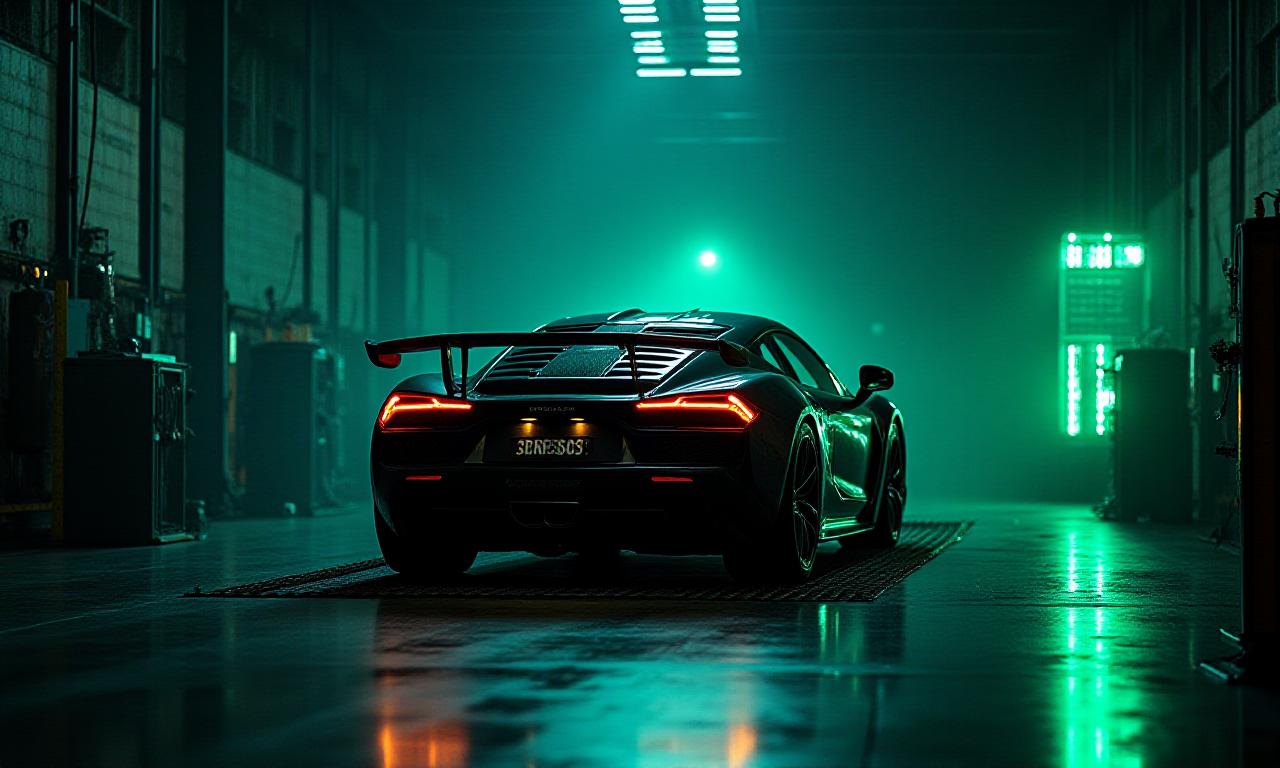 Sportovní auto na motorové brzdě v tmavém prostředí