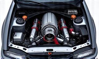 Otevřená kapota motoru s úpravami: větší turbo a sání